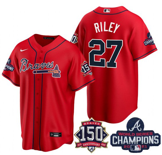Men's Atlanta Braves #27 Austin Riley 2021 Red World Series Champions With 150th Anniversary Patch Cool Base Stitched Jersey Men's Atlanta Braves #27 Austin Riley 2021 Red World Series Champions With 150th Anniversary Patch Cool Base Stitched Jersey
